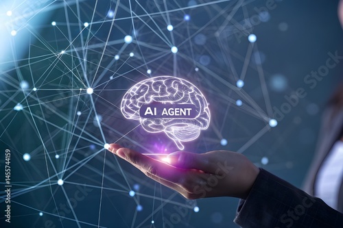 Conceptual image of an ai agent brain held in a hand connected to a network.