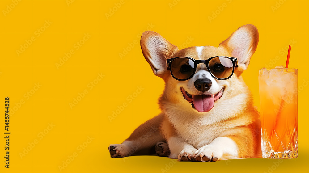 Dog with cocktail on yellow background, created with Generative AI