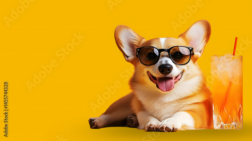 Obraz na płótnie Dog with cocktail on yellow background, created with Generative AI w salonie