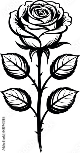 A black and white line art illustration of a single rose on a stem with leaves. 