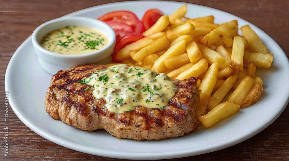 A delicious grilled chicken steak served with crispy fries and creamy sauce on the side, making for a satisfying comfort food meal perfect for dinner.
A delicious grilled chicken steak served with crispy fries and creamy sauce on the side, making for a satisfying comfort food meal perfect for dinner.