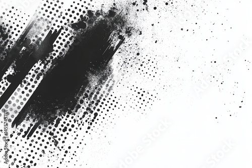 Abstract black and white splatter design with textured dots and brush strokes for creative use
