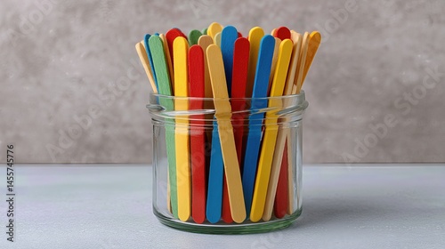 A close-up of a glass jar filled with vibrant, multi-colored popsicle sticks, perfect for DIY projects and creative summer activities.
 photo