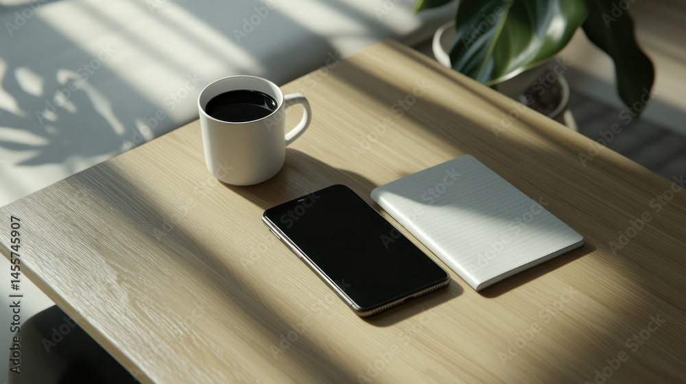 Minimalist workspace with smartphone, notebook, coffee mug, natural sunlight, indoor plant, wooden desk, modern office essentials, relaxing work environment Minimalist workspace with smartphone, notebook, coffee mug, natural sunlight, indoor plant, wooden desk, modern office essentials, relaxing work environment