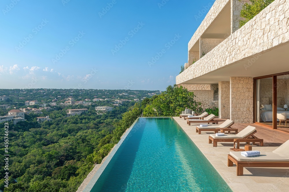 Fototapeta premium Luxury villa with stunning pool overlooking lush landscape in a tropical setting during a clear sunny day
