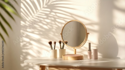 Elegant vanity table with round mirror and collection of makeup brushes and skin care bottles in natural sunlight, minimalistic beauty setup for women