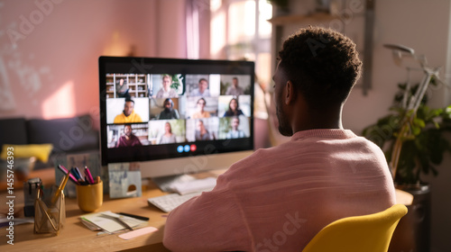 person participating in a video call with a diverse team on screen