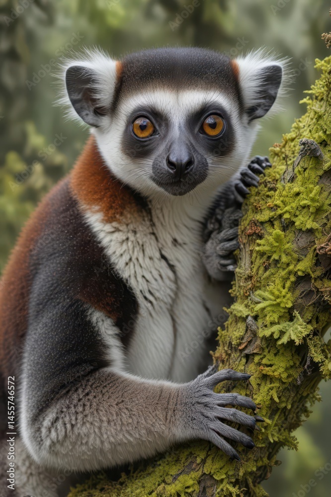 Obraz premium Crouching lemur clings tightly to a lichen covered branch, eyes wide with apprehension , alert, primate, lemur