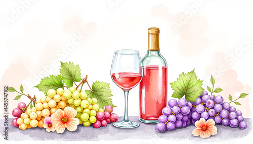 Watercolor illustration, still life of wine and grapes  