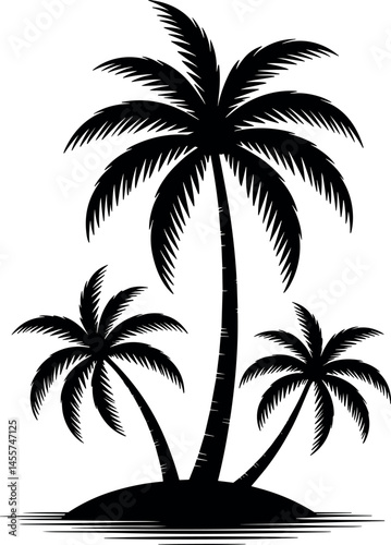 A black and white silhouette illustration of three palm trees on a small island. Black and white image of three palm trees on a small island, creating .