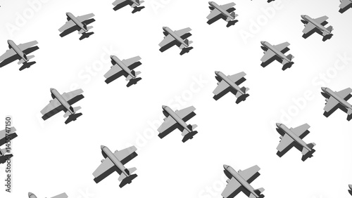 Seamless 3D illustration of multiple passenger planes on white background.