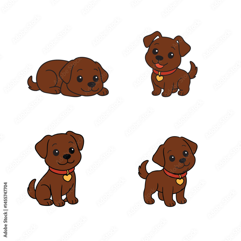 Fototapeta premium Vector Illustration Cute Chocolate Brown Puppy in Multiple Poses