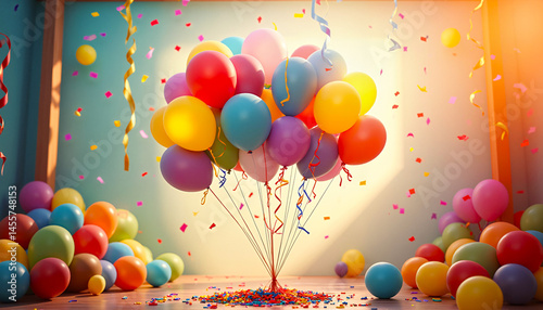 Colorful festive balloons against bright celebration background  