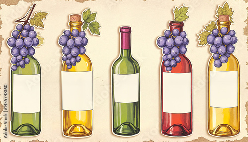  wine bottles with different kind of grapes wine day
