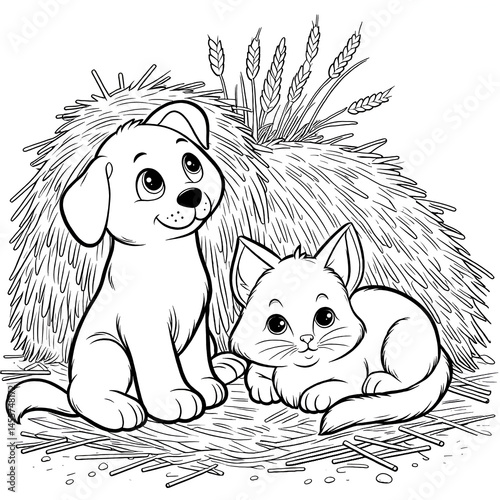 Cute puppy and kitten sitting on hay, children's coloring book