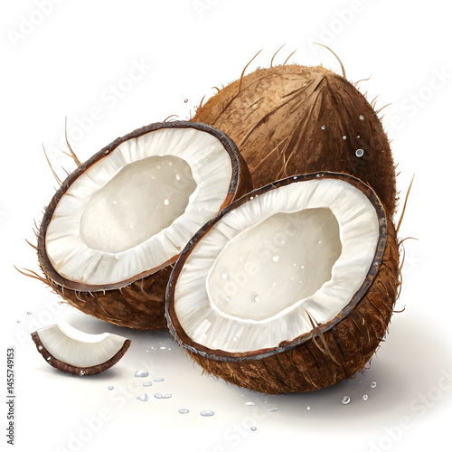 A realistic coconut cut in half, exposing its bright white, fleshy interior and liquid.