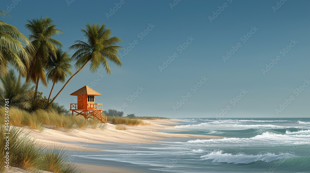 Naklejka premium Seaside Paradise: Palm trees sway gently in a cool ocean breeze. Beside them, a vibrant lifeguard station overlooks the ocean, painting a picture of serenity.