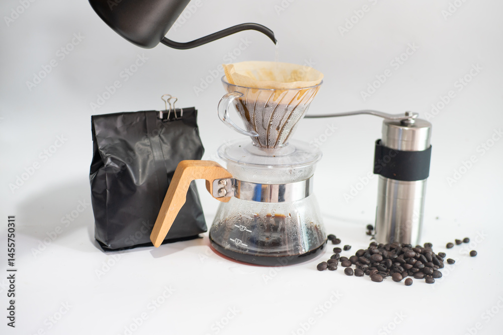 Coffee drip equipment with coffee bean on white background