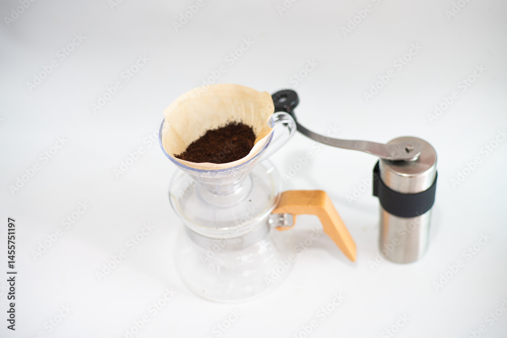 Coffee drip equipment with coffee bean on white background