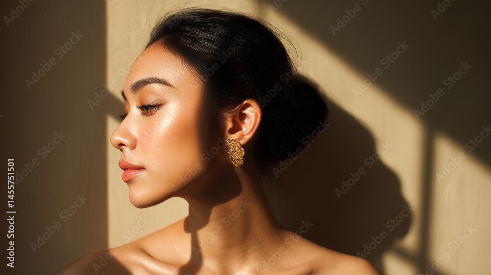 Naklejka premium Elegant Asian woman with natural makeup, embodying timeless beauty and luxury 