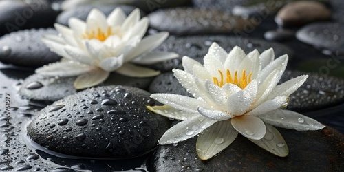 White Water Lilies Resting on Dark Wet Stones with Fresh Dew Drops Close Up