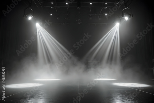 Theater stage with spotlights shining through smoke creating an atmospheric scene