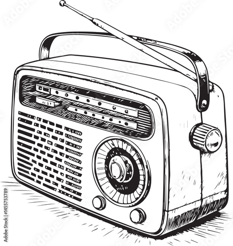Retro Old radio Black and White Vector Illustration, Sketch Drawing Line Linear Symbol Icon Engraving, Hand-drawn Isolated

