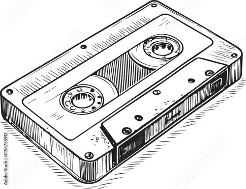 VHS tape cassette Black and White Vector Illustration, Sketch Drawing Line Linear Symbol Icon Engraving, Hand-drawn Isolated

