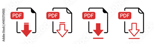 PDF file format icons set. PDF file download symbols. Editable line width. PNG transparent