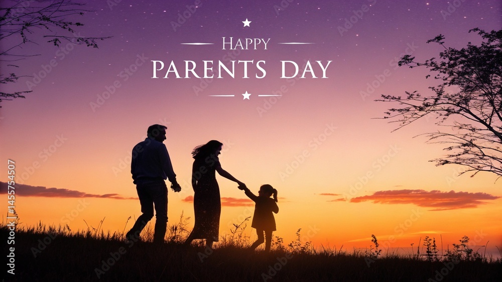 Fototapeta premium Happy Parents Day Sunset Scene with Family Silhouette and Love