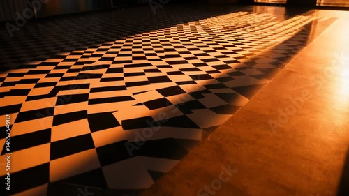 Sunlight streams across a distorted checkerboard floor, creating a dramatic interplay of light and shadow