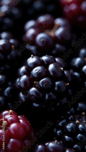 Close-up of dark, ripe blackberries glistening with juice , ripe, texture