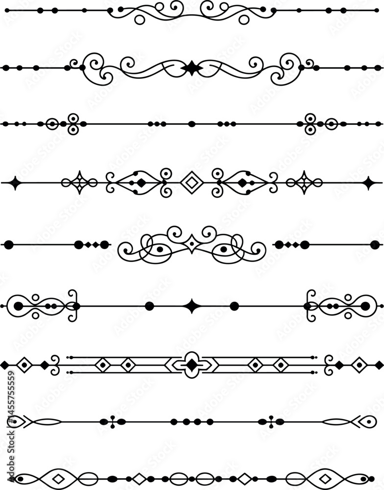 Obraz premium A set of eight decorative black line dividers arranged horizontally on a white background.