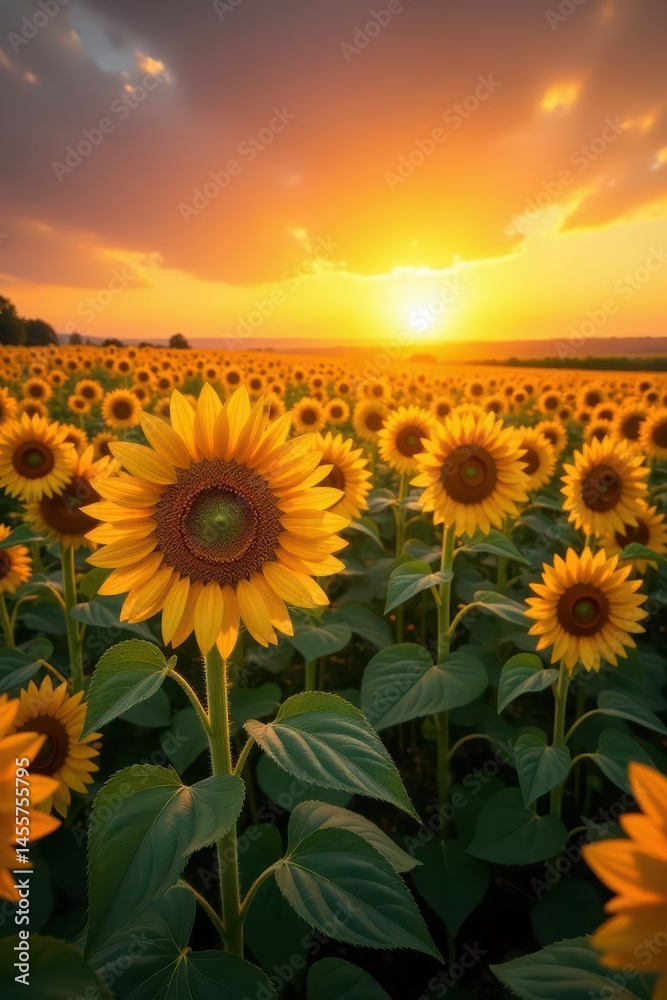 Fototapeta premium Golden hour illuminates a vast field of sunflowers and corn, sunset backdrop , clouds, sunflowers, scenery