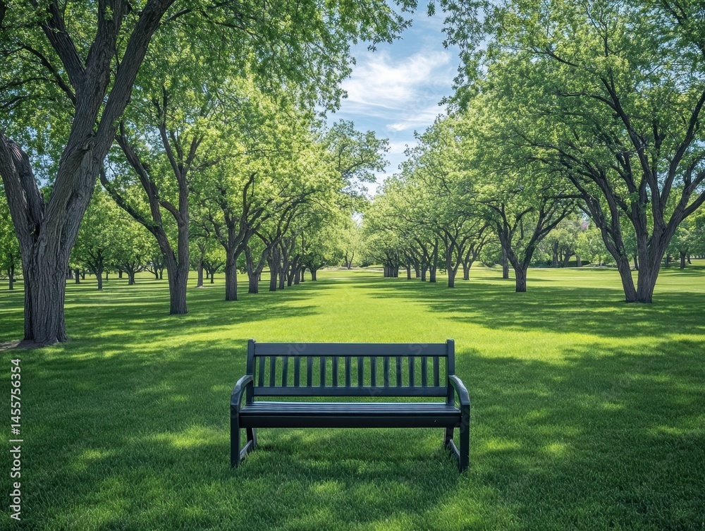 Serene Park Scene with Empty Bench and Lush Green Trees in Springtime Sunlight Serene Park Scene with Empty Bench and Lush Green Trees in Springtime Sunlight