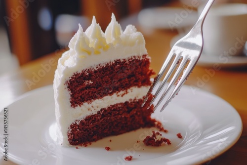closeup of fork slicing into red velvet cake, white frosting, modern cafe