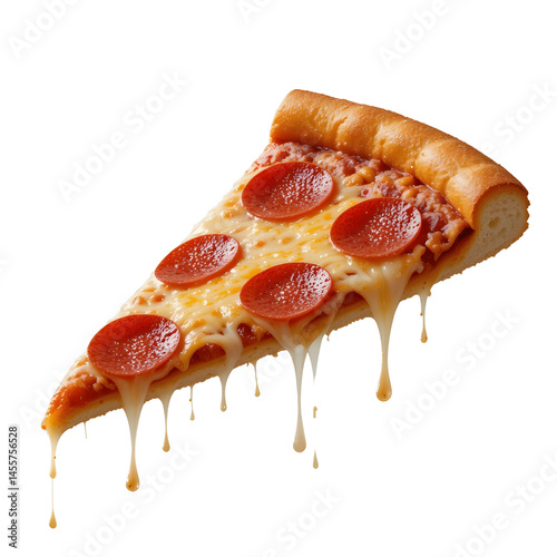 Slice of pepperoni pizza with melted cheese stretch, crisp edges, isolated on plain background.