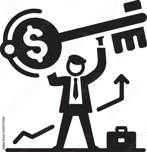 Successful Businessman Holding Dollar Key Symbolizing Financial Growth Against Trend Graph Background