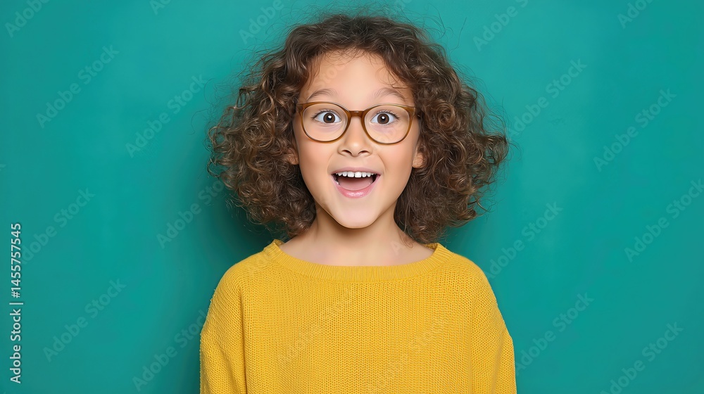 Obraz premium Adorable child with glasses and curly hair laughs freely, spreading happiness and youthful energy. 