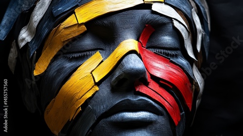 The face of a warrior with traditional tribal paints in yellow, red and black.