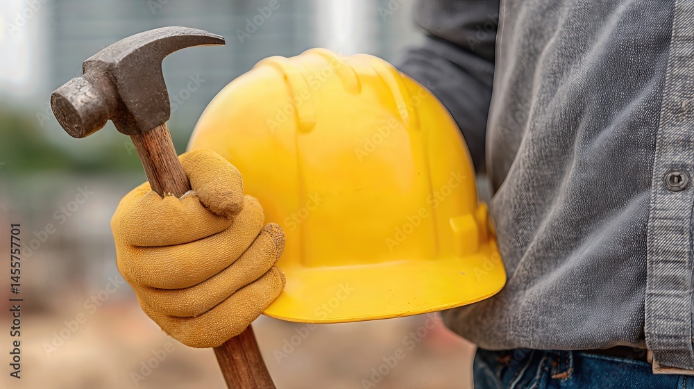 Strong hand of a construction worker tightly holds a hammer, symbolizing skill and hard work.
Strong hand of a construction worker tightly holds a hammer, symbolizing skill and hard work.