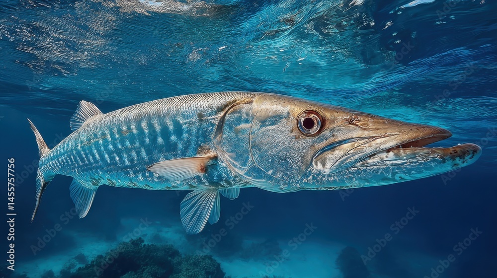 Naklejka premium Majestic Barracuda Swimming in Clear Blue Ocean Waters