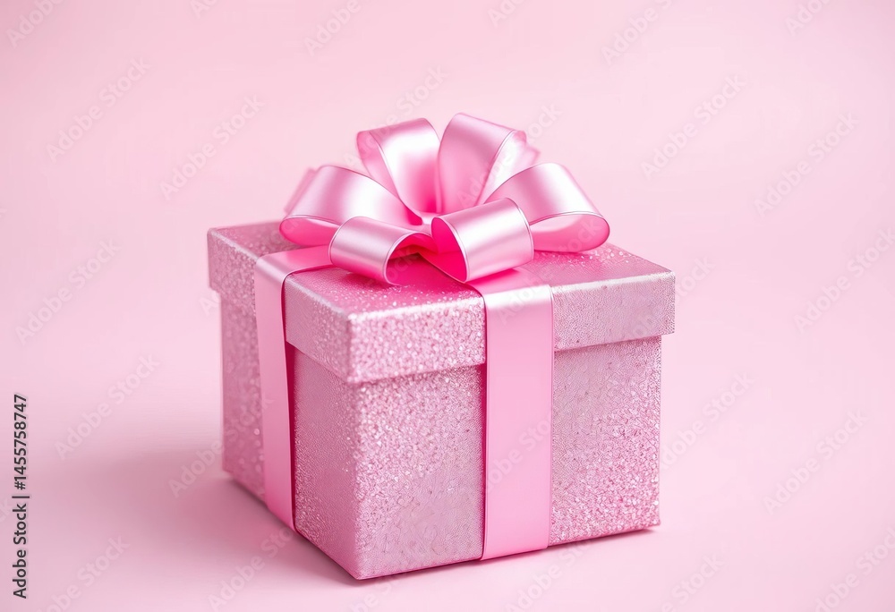 Fototapeta premium Pink sparkly gift box with a satin bow, pastel background, shiny, birthday