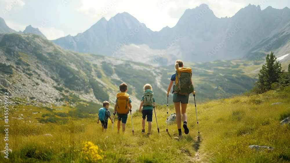 Family hiking in the mountains exploring nature with backpacks and walking sticks during a sunny day
