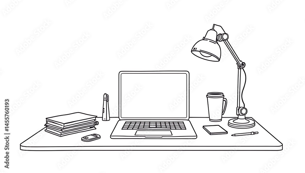 Fototapeta premium Office desk essentials in thick outline: laptop, pen, notebook, cup, smartphone, and lamp on white background