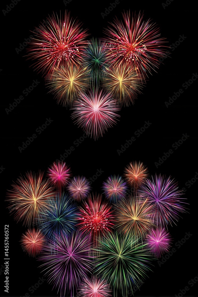 Heart Shaped Fireworks Display on Black Background for Celebration and Festive Occasions Heart Shaped Fireworks Display on Black Background for Celebration and Festive Occasions