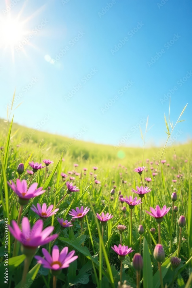 Obraz premium Soft pink and purple wildflowers carpet a sun-drenched field against a clear azure sky , vibrant, pink
