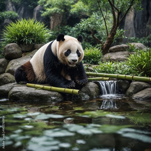 A panda eating bamboo in a tranquil Zen garden with flowing water and bonsai trees


