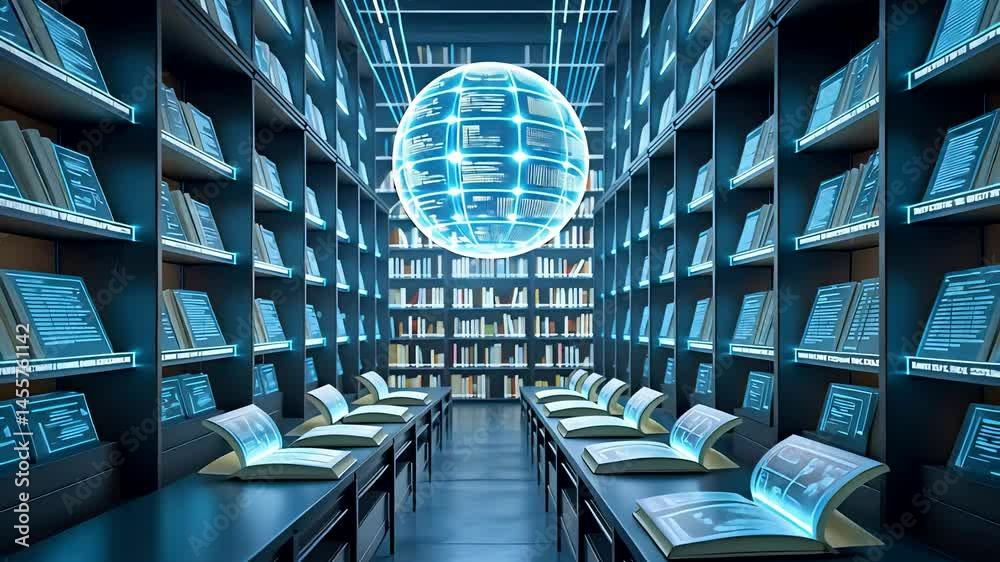 Digital Books Floating Data Archive Futuristic Library Blue Light