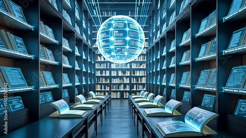Digital Books Floating Data Archive Futuristic Library Blue Light photo
